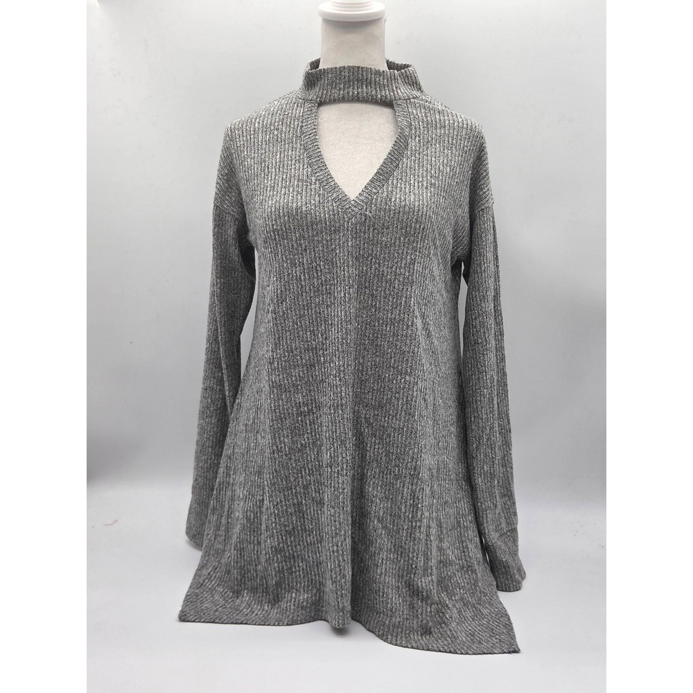 Maurices Women's M Gray Ribbed Knit Choker Neck Tunic Top Long Sleeve 101-658